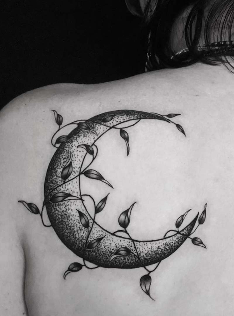 moon and leafs tattoo original desine קעקוע ירח ועלים שחוק דוט וורק עיצוב אישי
