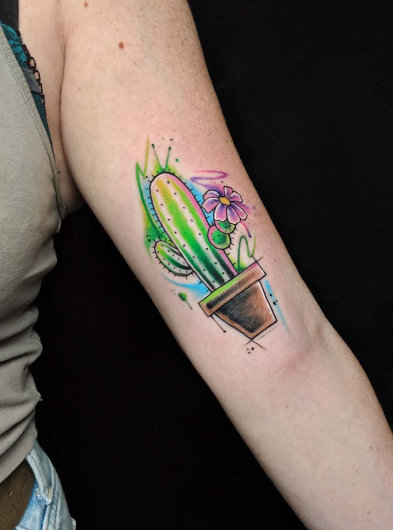 color cactus flower tattoo water color splash green blue  קעקוע קקטוס צבעי מים התזות ירוק כחול פרח
