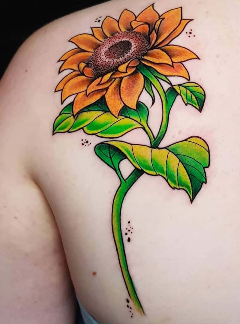 colorful sunflower green orange color tattoo  קעקוע חמניה ירוק כתום צבע